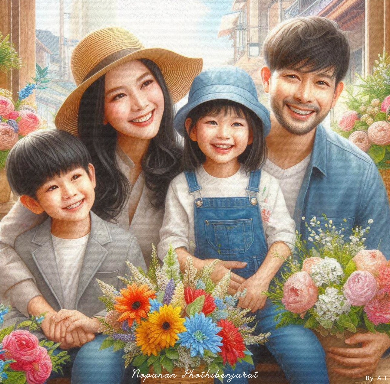 ภาพวาดที่สื่อถึงความรักและความสุขของครอบครัวไทย พร้อมด้วยดอกไม้ที่สดใสและบรรยากาศที่อบอุ่น ทำให้รู้สึกถึงความอบอุ่นใจ