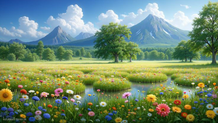 ภาพทุ่งดอกไม้ที่มีสีสันสดใสท่ามกลางธรรมชาติ ล้อมรอบด้วยภูเขาและท้องฟ้าสวยงาม เหมาะสำหรับการสร้างบรรยากาศผ่อนคลายและความสงบ