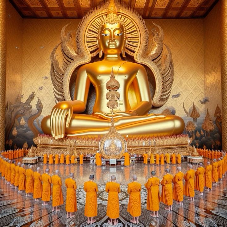 ภาพพระพุทธรูปทองคำขนาดใหญ่ที่ตั้งอยู่ในวัด โดยมีพระสงฆ์จำนวนมากนั่งล้อมรอบ วัดนี้เป็นสถานที่สำคัญในการทำพิธีทางศาสนาและการทำสมาธิ