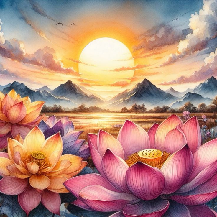 ภาพที่สวยงามของดอกบัวหลากสีในฉากพระอาทิตย์ขึ้นเหนือภูเขา สื่อถึงความงามของธรรมชาติและความสงบ