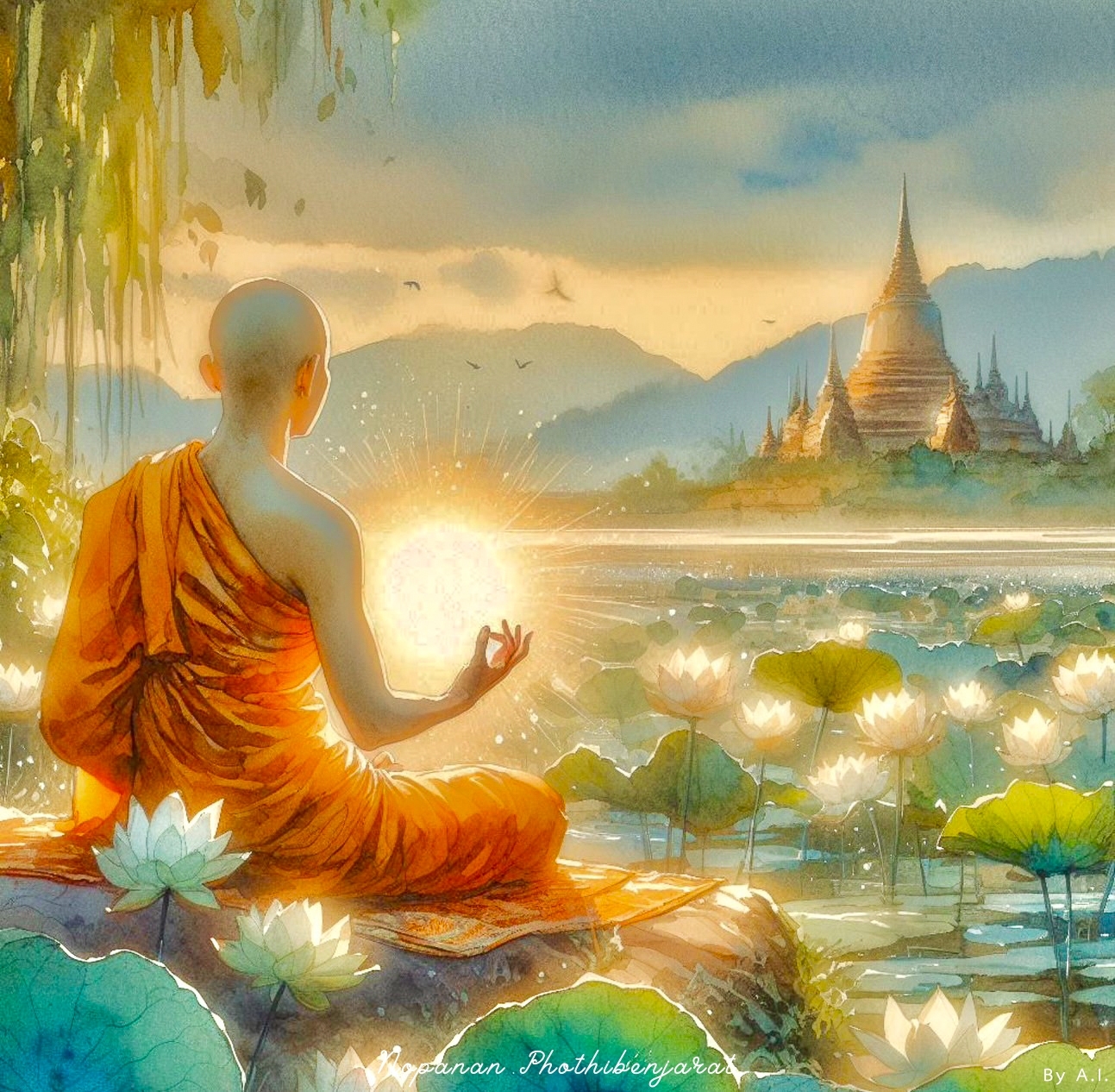 ภาพพระภิกษุในท่าทางสมาธิท่ามกลางบรรยากาศธรรมชาติที่สวยงาม มีดอกบัวล้อมรอบและวัดโดดเด่นอยู่ในฉากหลัง สื่อถึงความสงบและการค้นหาความหมายในชีวิต