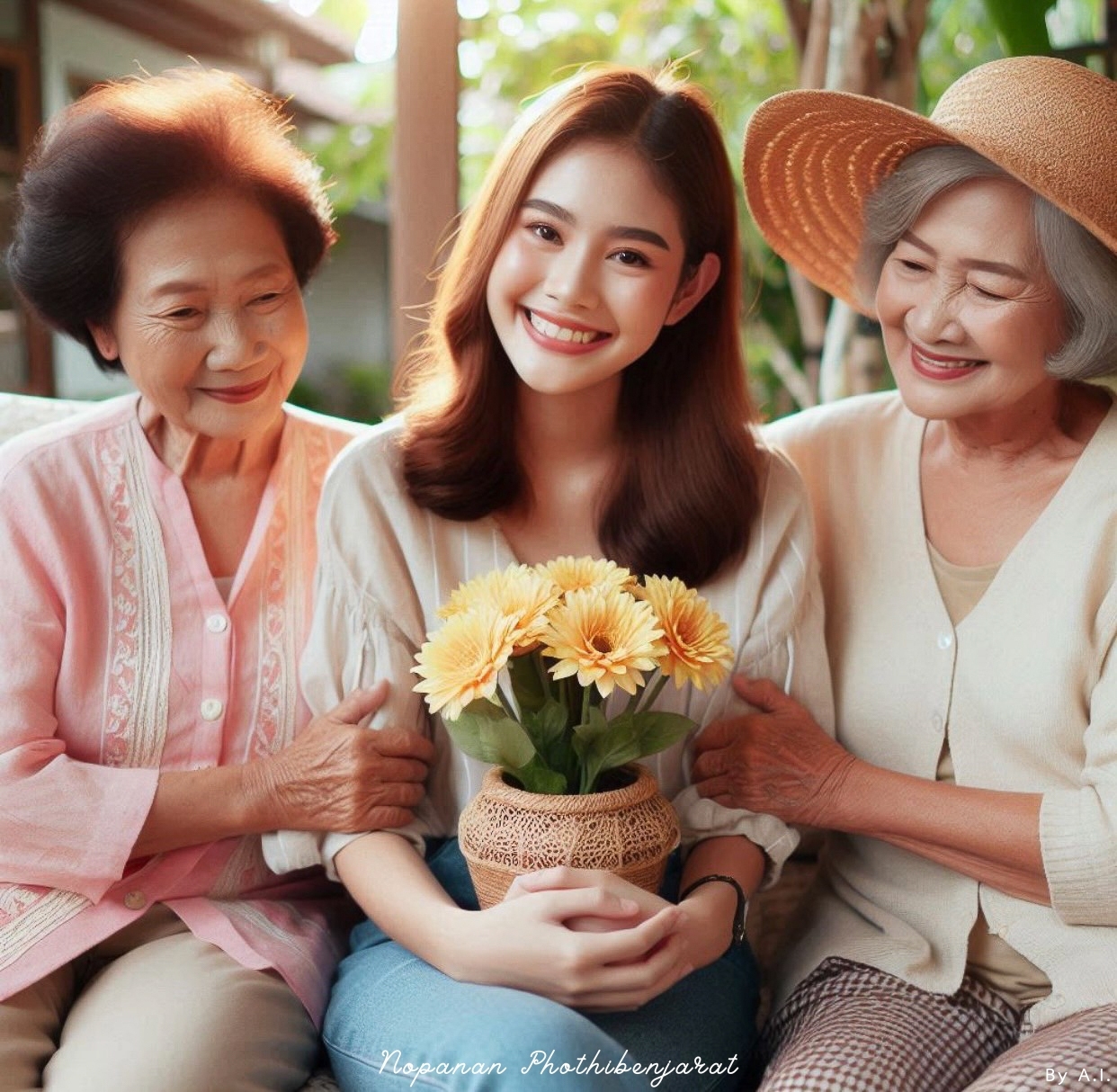 ภาพที่แสดงถึงความรักและความอบอุ่นของครอบครัว โดยมีลูกสาวนั่งอยู่ท่ามกลางปู่ย่าตายายที่กำลังยิ้มและถือดอกไม้ ซึ่งสร้างบรรยากาศแห่งความสุขและความรักในครอบครัว