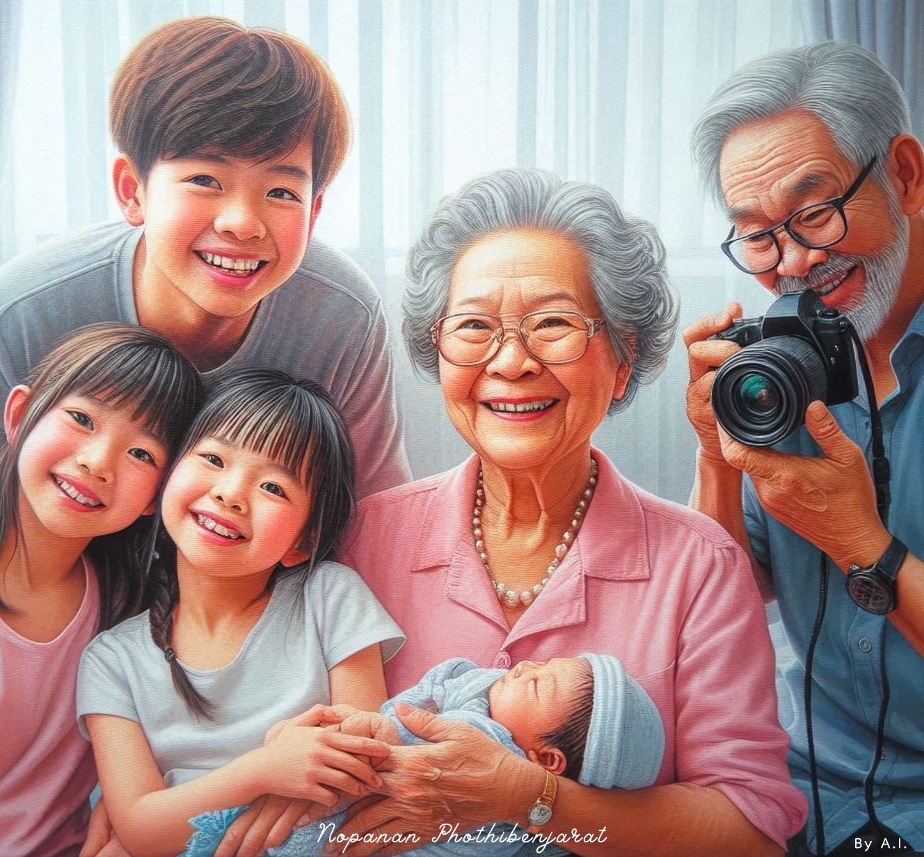 ภาพวาดครอบครัวที่มีความสุข ประกอบไปด้วยปู่ย่าตายายและหลานๆ ที่ยิ้มแย้มแจ่มใส พร้อมกับกล้องถ่ายรูป แสดงถึงความรักและความอบอุ่นในครอบครัว