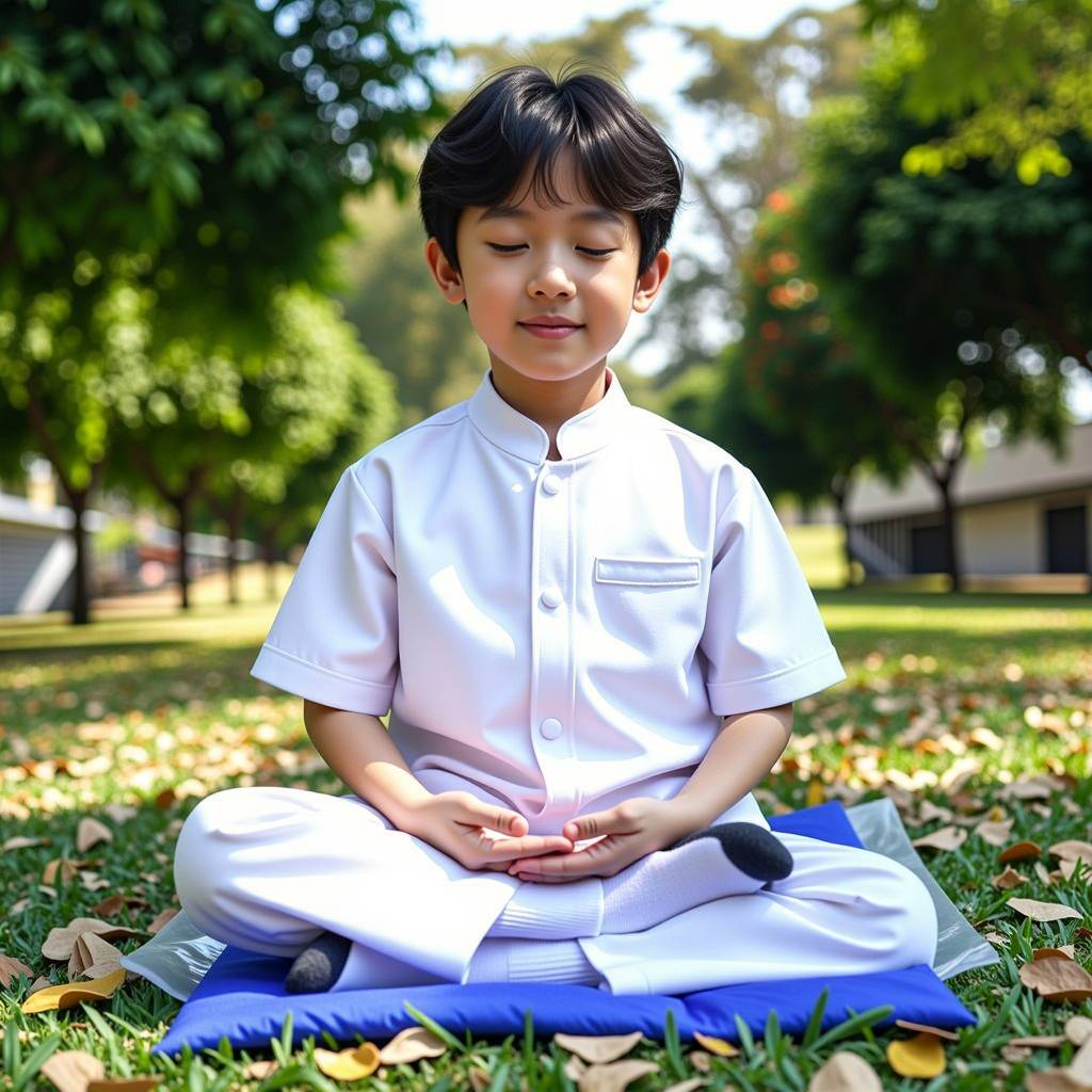 เด็กชายในชุดขาวนั่งสมาธิอย่างสงบกลางธรรมชาติ สื่อถึงความสงบและการฝึกจิตใจในสภาพแวดล้อมที่สวยงาม