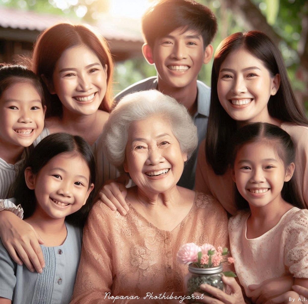 ภาพถ่ายของครอบครัวที่แสดงถึงความรักและความสุขในทุกช่วงวัย รวมถึงคุณยายที่มีรอยยิ้มอบอุ่นท่ามกลางสมาชิกในครอบครัว