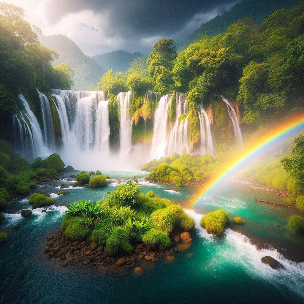 ภาพน้ำตกที่งดงามท่ามกลางธรรมชาติ พร้อมรุ้งที่สวยงามลอยอยู่เหนือสายน้ำ เสริมบรรยากาศของผืนป่าเขียวขจีและภูเขาที่ยิ่งใหญ่