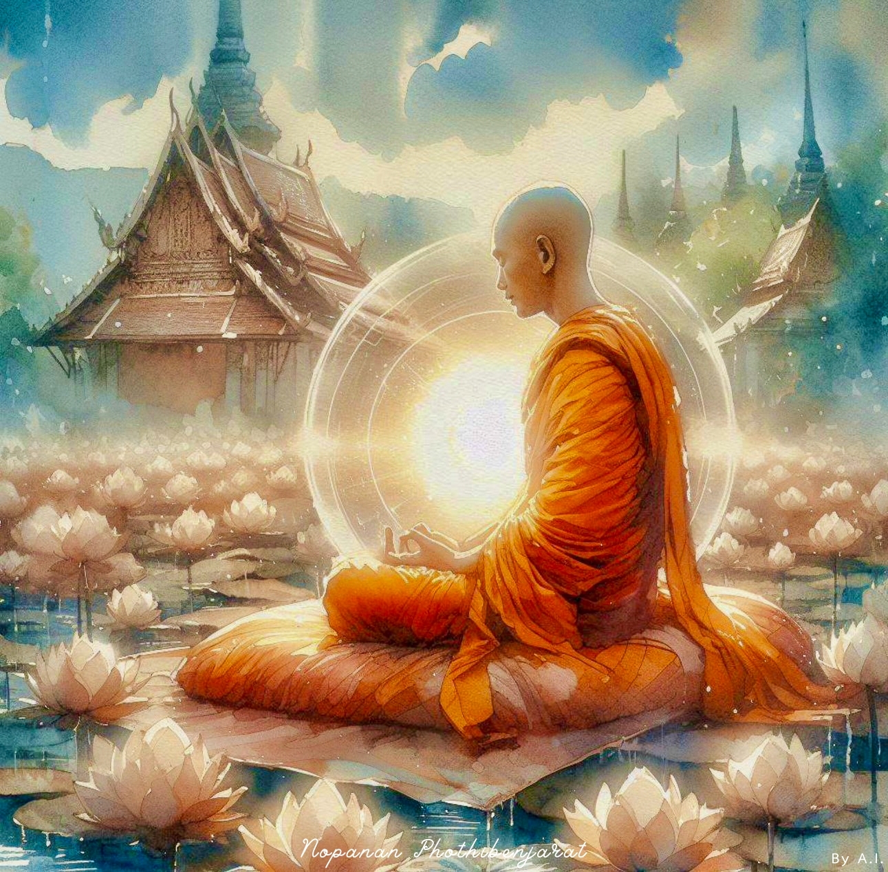 ภาพพระภิกษุสงฆ์นั่งสมาธิในบรรยากาศที่เงียบสงบ surrounded by lotus flowers, สื่อถึงความสงบและการเชื่อมต่อกับธรรมชาติ.