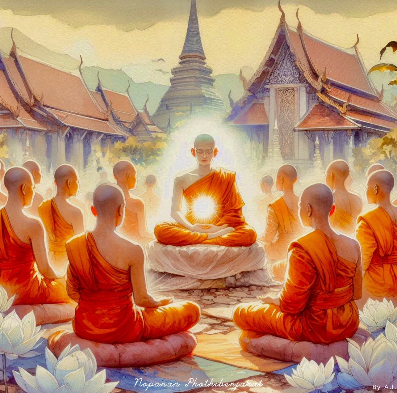 ภาพงดงามของพระสงฆ์ที่นั่งสมาธิอยู่ในวัด เสริมด้วยบรรยากาศของความสงบและความเจริญสติ ในการปฏิบัติธรรมภายใต้พระสถูปที่โดดเด่น