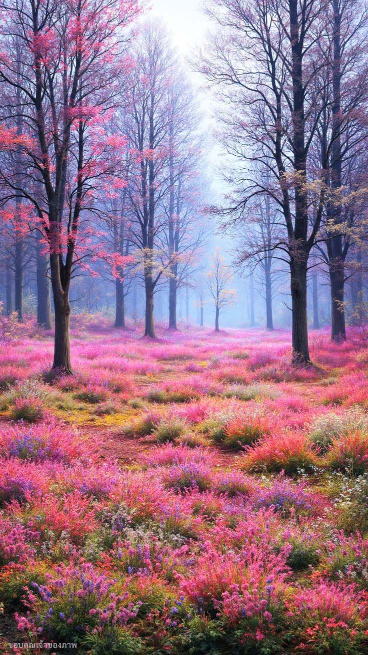 ภาพของทุ่งดอกไม้สีชมพูที่อยู่ในป่า ร่มรื่นไปด้วยต้นไม้และดอกไม้ที่เบ่งบาน สร้างความรู้สึกสงบและงดงามเหมาะสำหรับการเป็นสถานที่พักผ่อน.