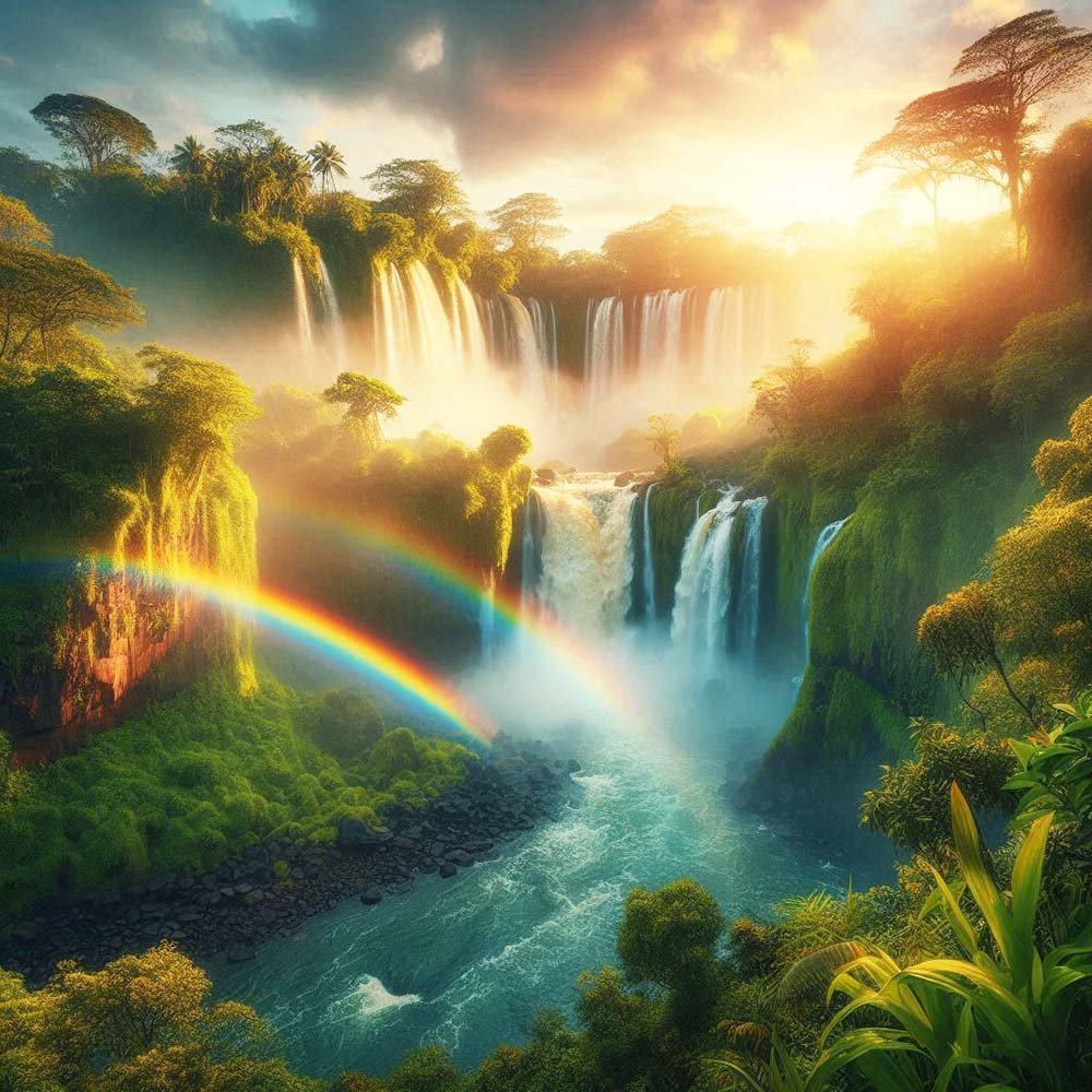 ภาพของน้ำตกที่สวยงามพร้อมสายรุ้งในธรรมชาติที่เขียวชอุ่มและทิวทัศน์ที่น่าทึ่ง