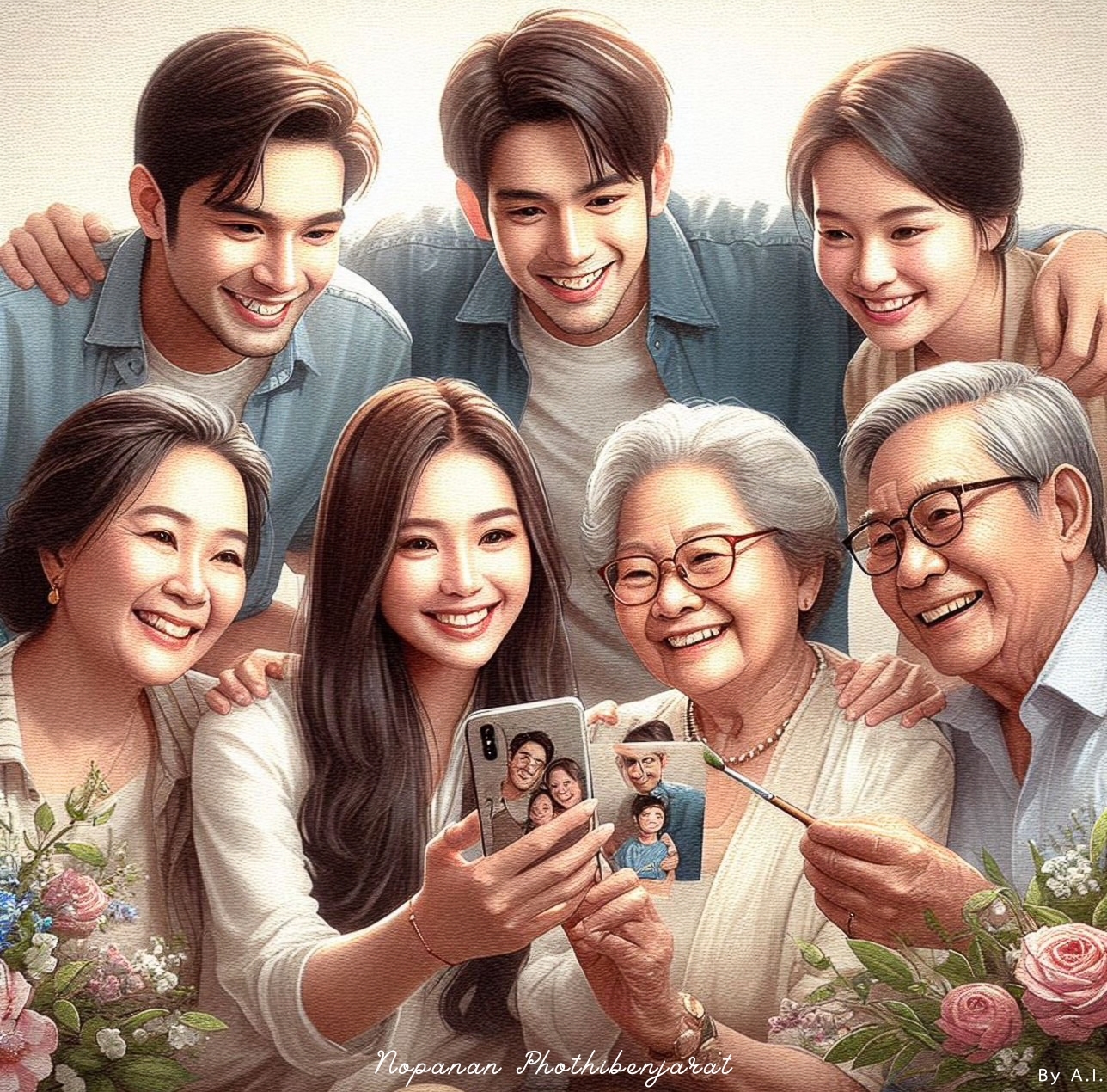 ภาพครอบครัวที่ถ่ายร่วมกัน แสดงออกถึงความรักและความสุขในชีวิตประจำวันที่ทุกคนแบ่งปันกัน พร้อมกับความทรงจำผ่านโทรศัพท์มือถือ