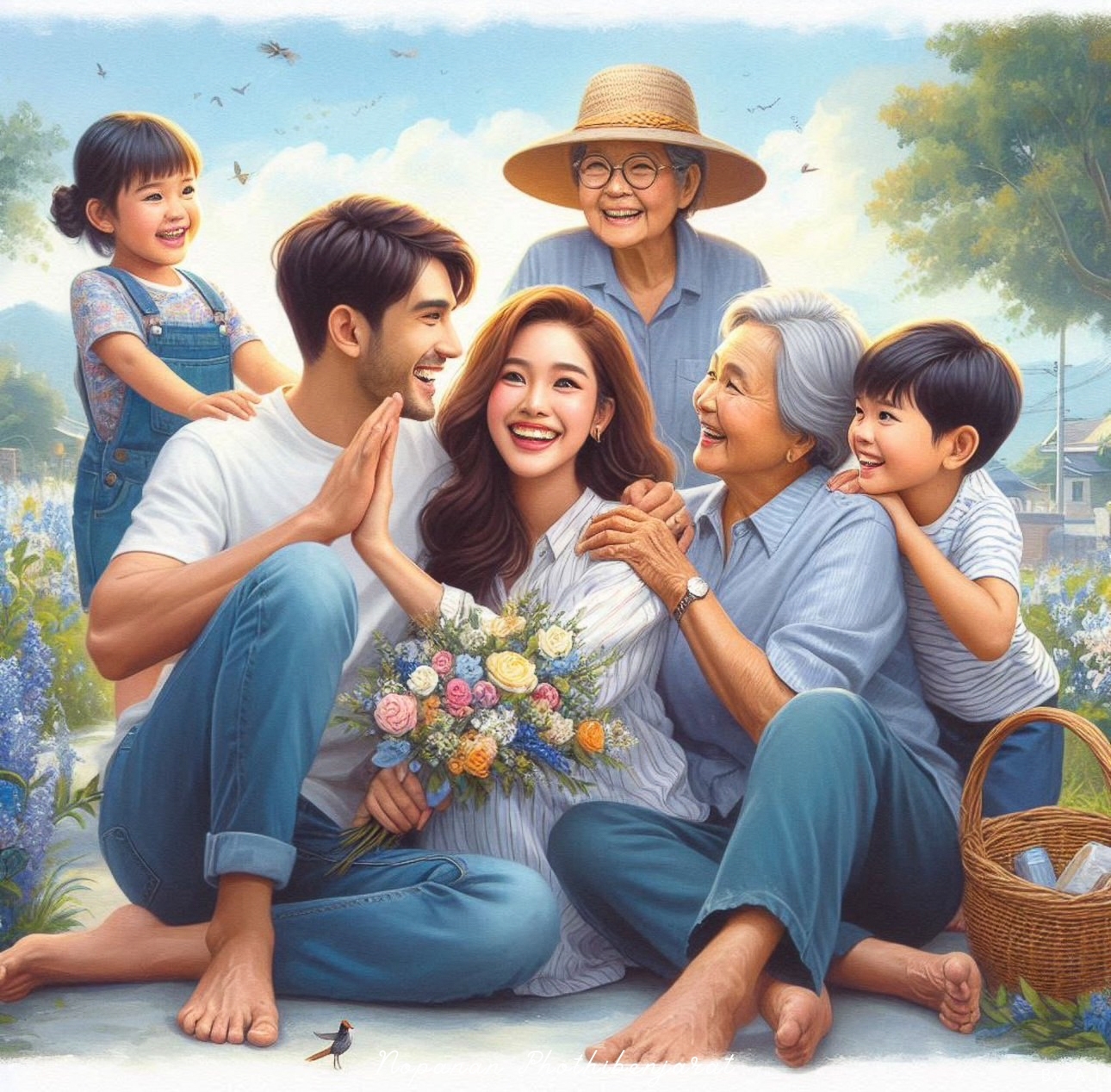 ภาพที่แสดงถึงความสุขของครอบครัวที่มีสมาชิกหลายวัย นั่งอยู่ในทุ่งดอกไม้ สื่อถึงความอบอุ่นและความรักในครอบครัว