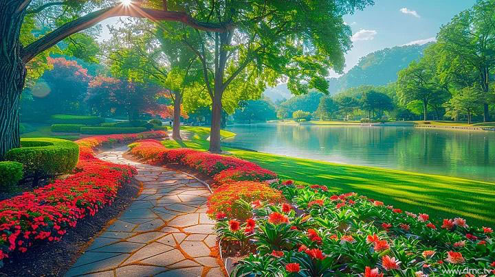 ภาพสวนสวยในยามเช้าซึ่งมีเส้นทางเดินสวยงามและดอกไม้บานสะพรั่งริมทะเลสาบ แสดงถึงความสงบและความงดงามของธรรมชาติ.
