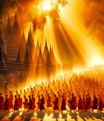 ภาพที่สะท้อนถึงการเดินขบวนของพระสงฆ์ในแสงทองอันงดงาม ภูมิทัศน์ของวัดที่โดดเด่นและความสงบที่แผ่ซ่านเป็นเอกลักษณ์ของวัฒนธรรมไทย.
