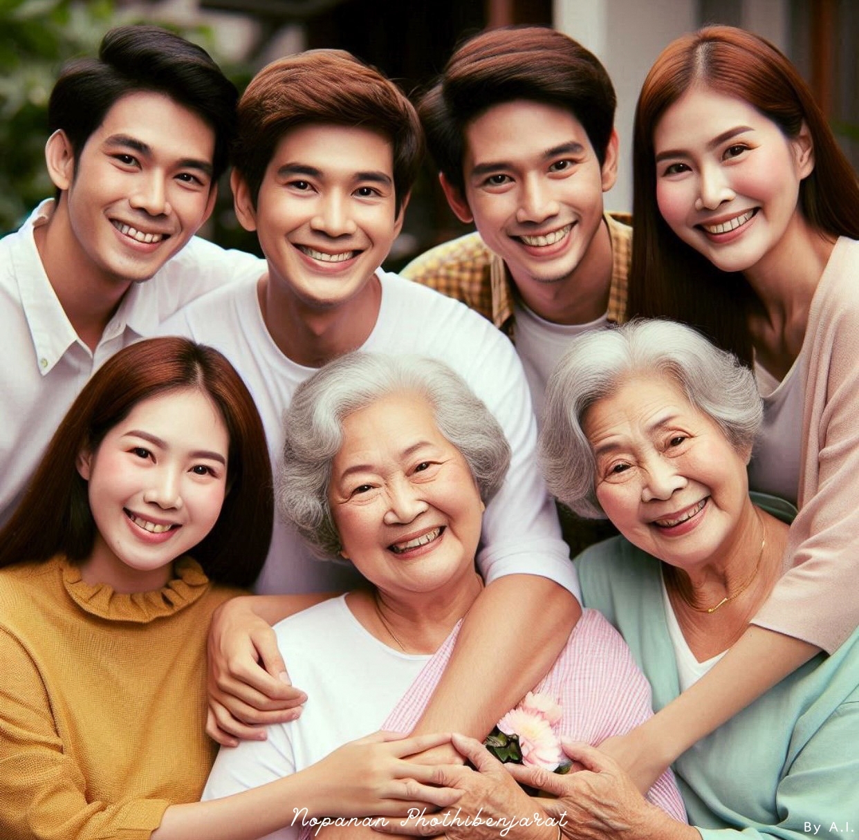 ภาพแสดงถึงครอบครัวที่มีความสุข รวมทุกช่วงวัย ตั้งแต่เด็กจนถึงผู้ใหญ่ สื่อถึงความรักและการแบ่งปันเวลาอันมีค่า