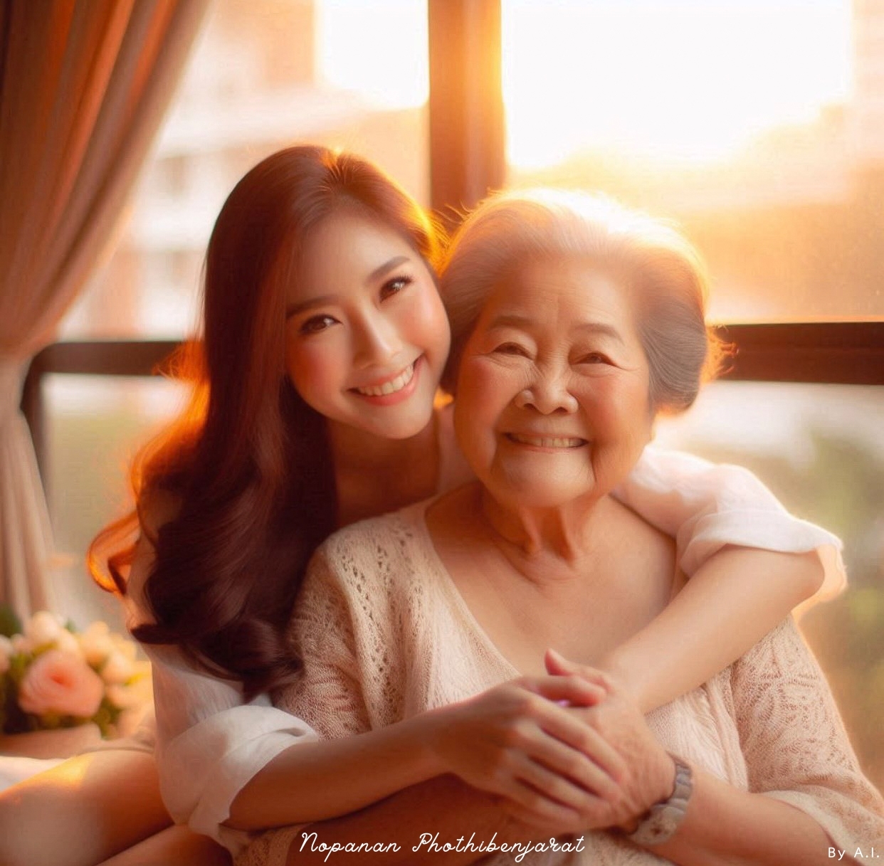 ภาพที่แสดงถึงความรักและความอบอุ่นระหว่างแม่ลูกในช่วงเวลาที่สวยงามของการตั้งรับแสงอาทิตย์ พร้อมด้วยรอยยิ้มที่ให้ความสุขแก่ผู้คน