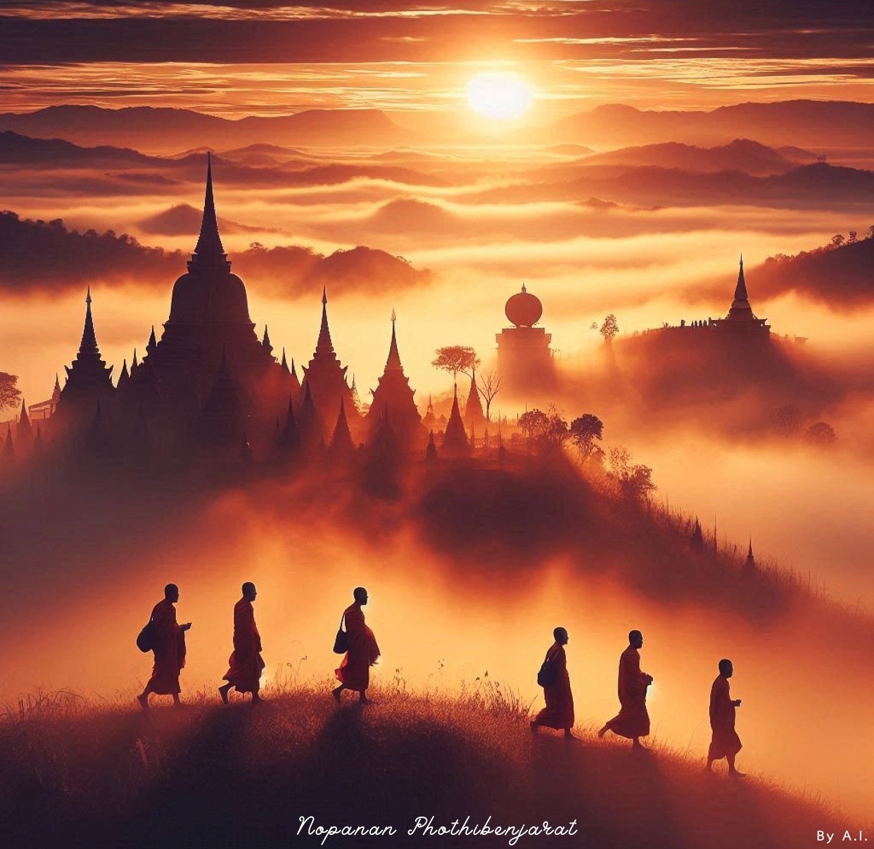 ภาพที่สวยงามของพระอาทิตย์ขึ้นเหนือพระบรมรูป ธรรมชาติที่งดงามและความสงบของพระ monk ที่เดินสวนไปในหมอก