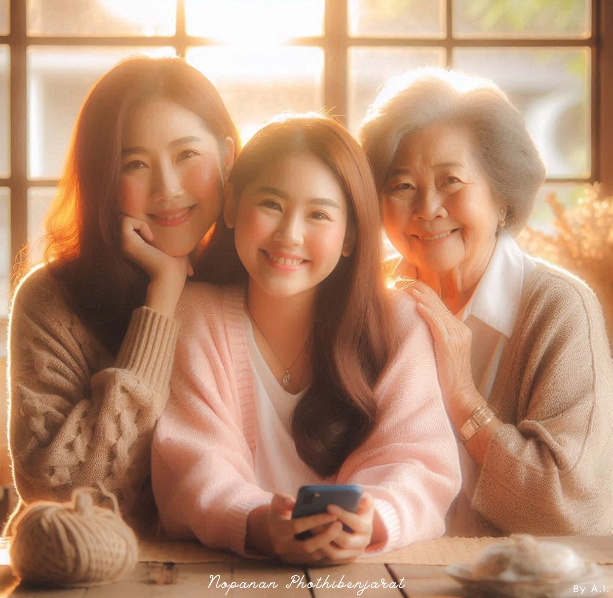 ภาพถ่ายที่แสดงถึงความรักและความอบอุ่นของครอบครัว โดยมีสามสาววัยแตกต่างกันรวมตัวกันในบรรยากาศที่มีแสงสว่างให้ความรู้สึกอบอุ่นและมีความสุข