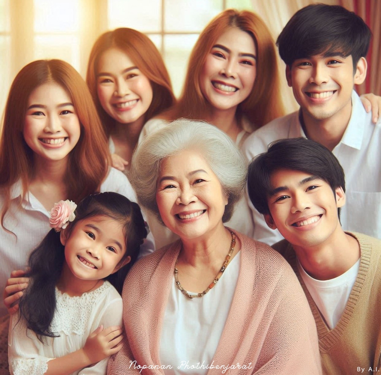 ภาพครอบครัวที่เต็มไปด้วยความอบอุ่น แสดงถึงความรักและความสุขระหว่างสมาชิกในครอบครัว มีผู้สูงอายุที่เป็นศูนย์กลางของภาพ พร้อมกับเด็กๆ และคนรุ่นใหม่ที่ยิ้มแย้ม สร้างบรรยากาศของความสัมพันธ์ที่ดีในครอบครัว.