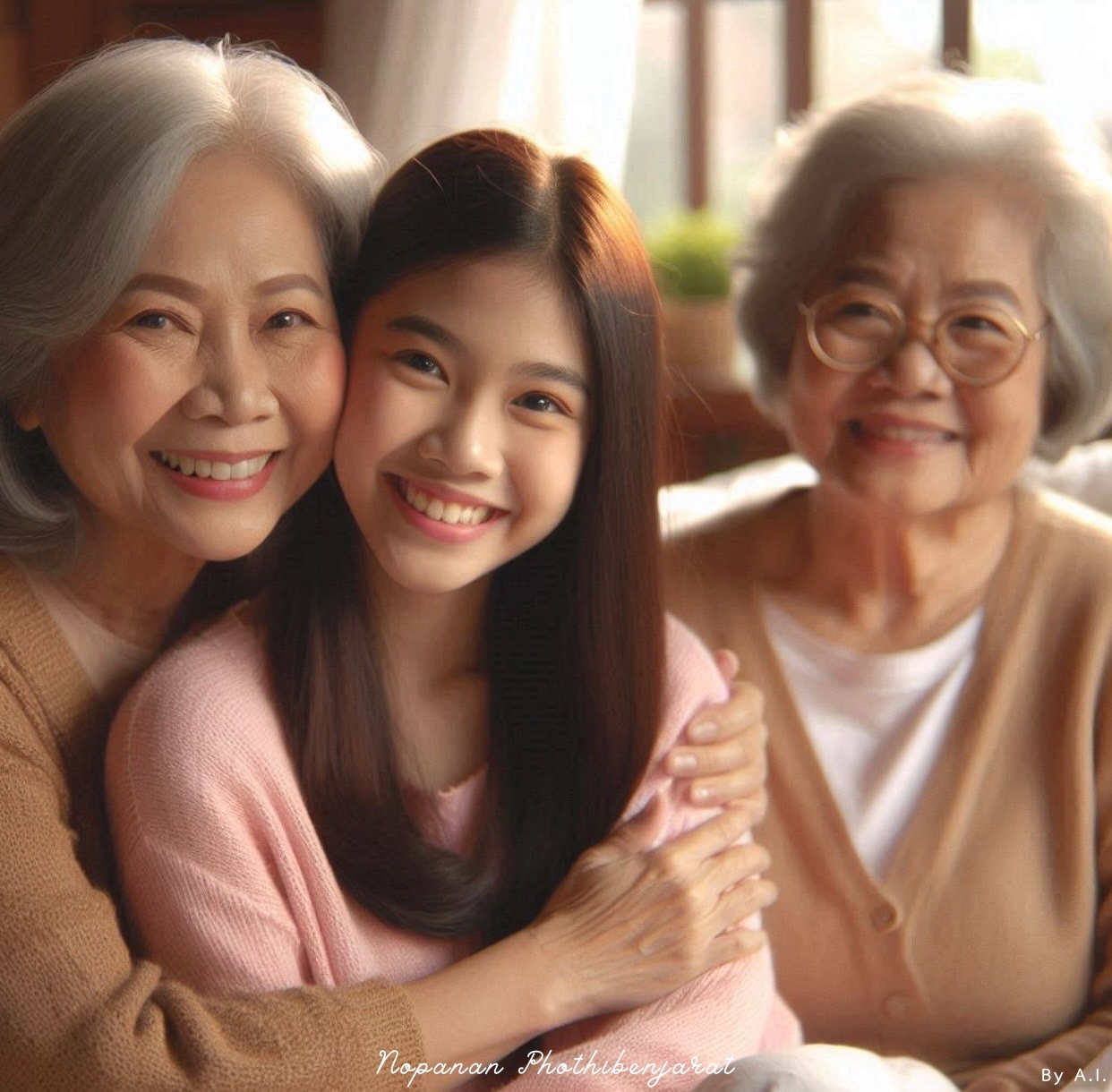 ภาพที่แสดงถึงความรักและความอบอุ่นในครอบครัว โดยมีผู้สูงอายุสองท่านและเด็กสาวถ่ายรูปด้วยกันในบรรยากาศที่เต็มไปด้วยความสุข