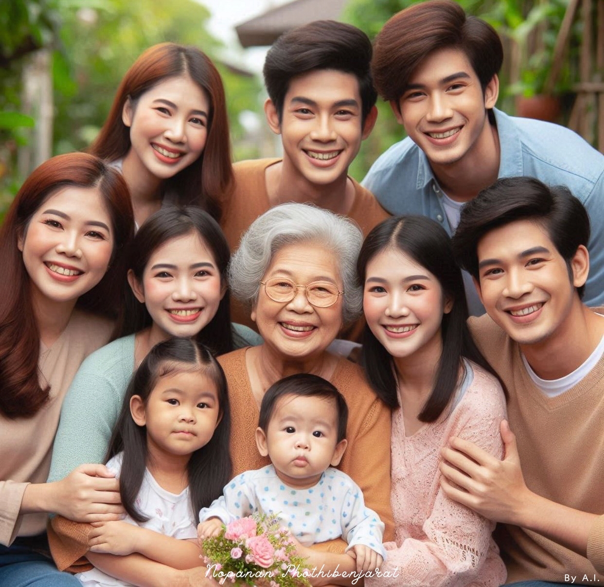 ภาพถ่ายครอบครัวที่เต็มไปด้วยความรักและอบอุ่น มีสมาชิกหลายรุ่นรวมตัวกันอย่างมีความสุข