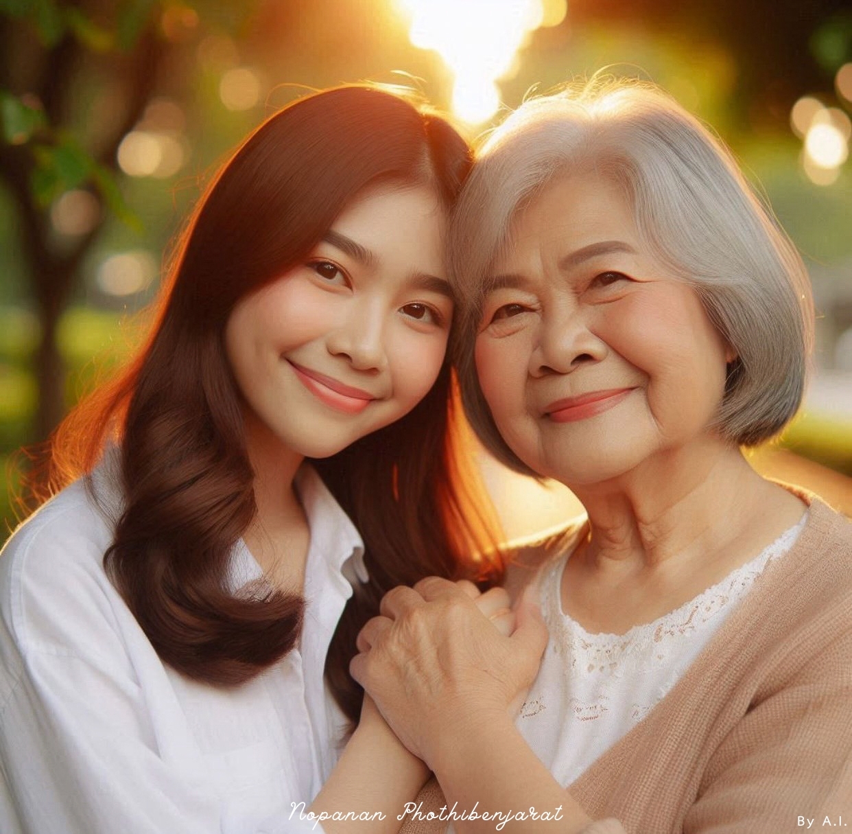 ภาพที่แสดงความรักและความสุขระหว่างแม่และลูกสาวในบรรยากาศอบอุ่นของธรรมชาติ