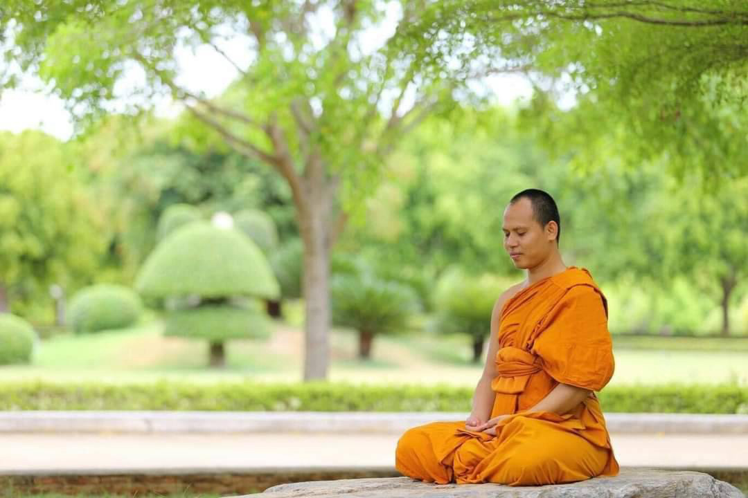 พระสงฆ์นั่งสมาธิในสวนธรรมชาติ