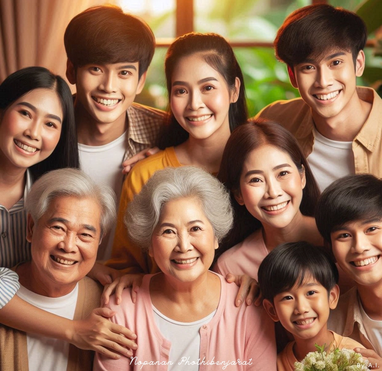 ภาพครอบครัวแสดงออกถึงความรักและความสุขในวันพิเศษ ที่มีสมาชิกทุกช่วงวัยมารวมกันเพื่อเฉลิมฉลอง
