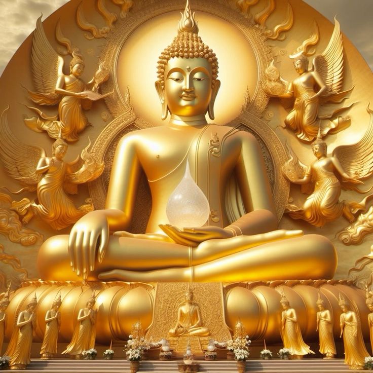 ภาพพระพุทธรูปทองคำขนาดใหญ่ ตั้งอยู่ท่ามกลางปางสมาธิ surrounded by เทวดาและนางฟ้าท่ามกลางสภาพแวดล้อมที่สงบเพื่อการทำสมาธิ
