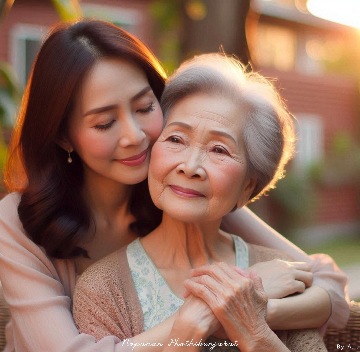 ภาพสวยที่แสดงถึงความรักและความอบอุ่นระหว่างแม่และลูก ในบรรยากาศที่งดงามและสบายตา สื่อถึงความสำคัญของครอบครัวและความสัมพันธ์ที่ดี