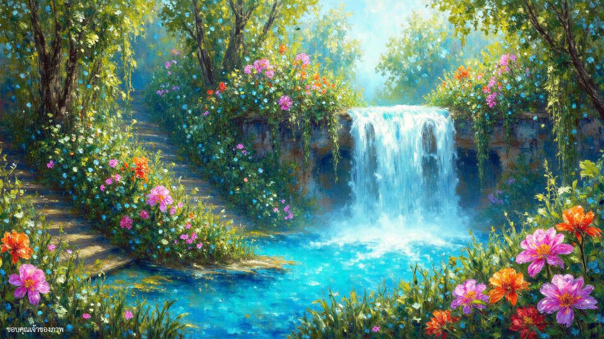 ภาพวาดของน้ำตกที่ไหลผ่านสวนที่มีดอกไม้หลากสีสัน สร้างบรรยากาศที่สดชื่นและสวยงามในธรรมชาติ