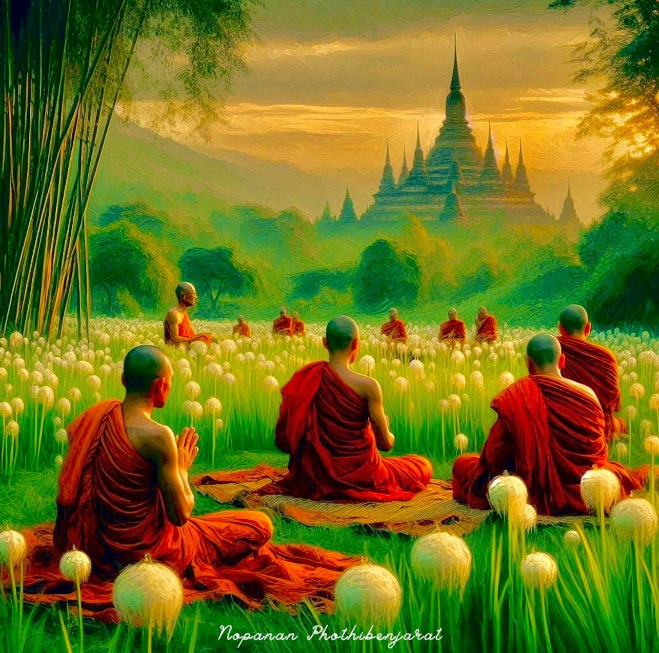 พระสงฆ์นั่งสมาธิภายใต้ธรรมชาติที่งดงาม มีดอกไม้รายล้อม พร้อมวัดที่สวยงามในเบื้องหลัง แสดงถึงวิถีชีวิตสงฆ์และความสวยงามของธรรมชาติ