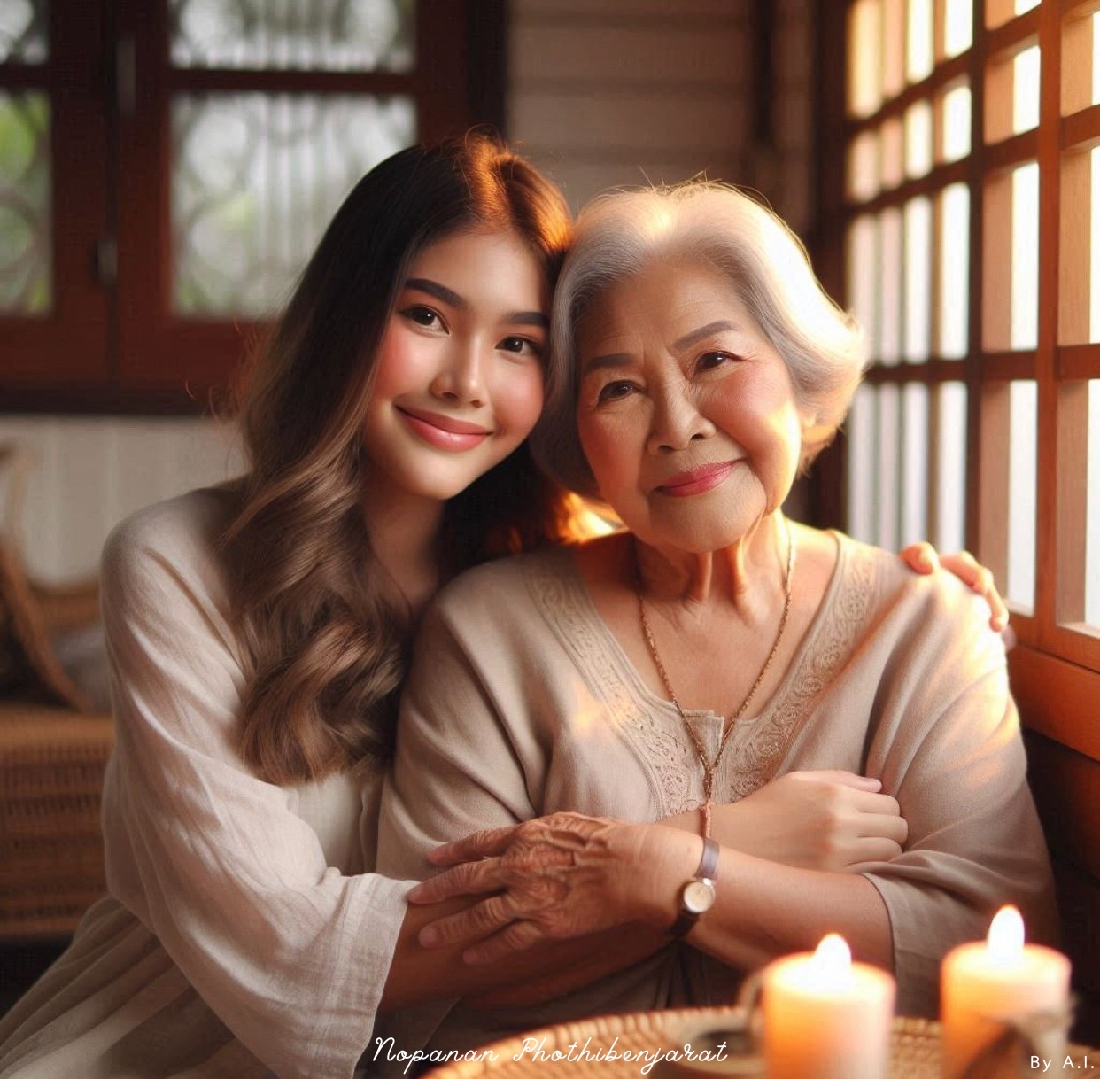 ภาพที่สื่อถึงความรักและความสัมพันธ์ระหว่างรุ่น แสดงให้เห็นความอบอุ่นของครอบครัวและการเชื่อมโยงระหว่างคนรุ่นใหม่กับคนรุ่นเก่า