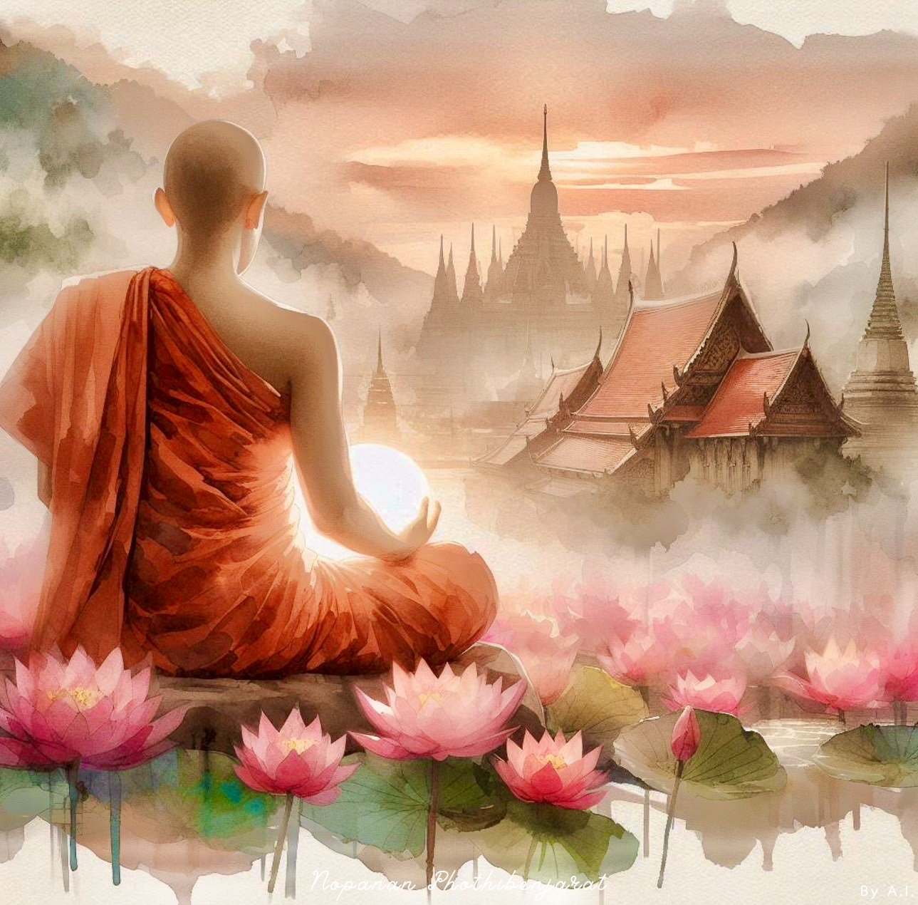 ภาพวาดที่สื่อถึงความสงบและสมาธิของพระภิกษุในธรรมชาติรอบ ๆ วัดที่สวยงาม ปกคลุมไปด้วยหมอกและดอกบัวที่เบ่งบาน