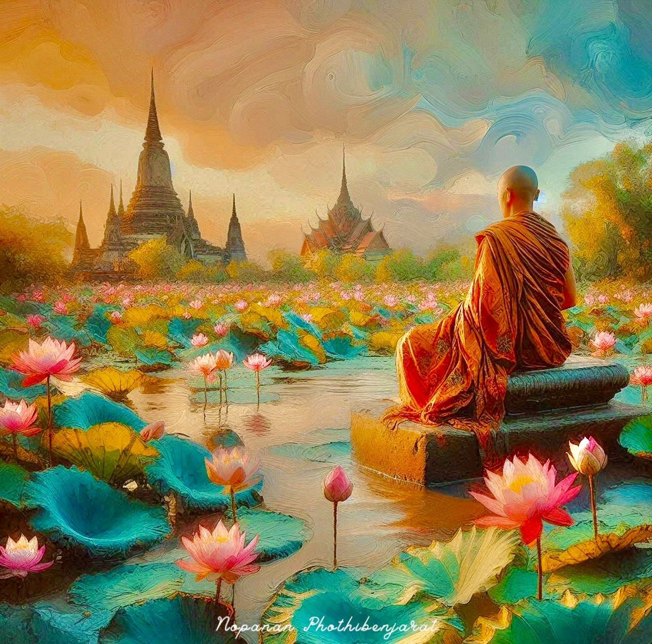 ภาพพระสงฆ์นั่งสมาธิเงียบสงบในทุ่งบัวที่มีความสวยงามสว่างไสวน่าตื่นตาตื่นใจ พื้นหลังเป็นวัดไทยแบบโบราณที่ให้ความรู้สึกสงบและเป็นธรรมชาติที่สมบูรณ์แบบ
