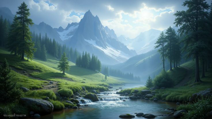 ภาพทิวทัศน์ที่งดงามของภูเขาและแม่น้ำในธรรมชาติ มีต้นไม้และภูมิทัศน์ที่สร้างความรู้สึกสงบและสดชื่น