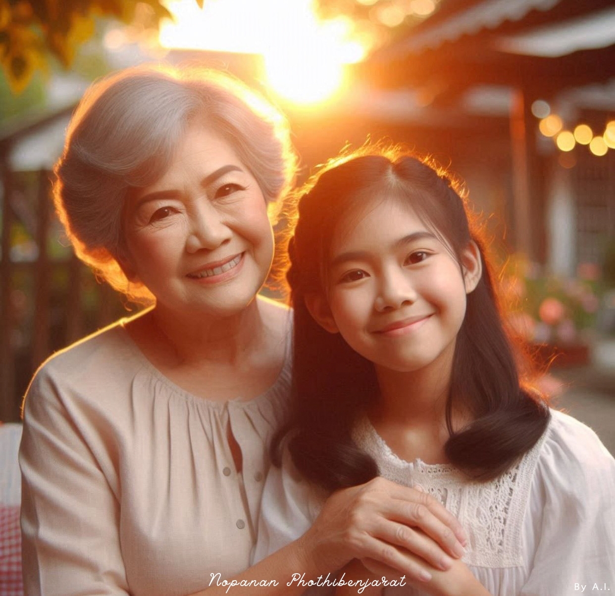 ภาพถ่ายที่แสดงถึงความอบอุ่นและความรักระหว่างคุณยายและหล granddaughter ในบรรยากาศที่สวยงามของแสงอาทิตย์ยามเย็น ที่บ่งบอกถึงความสัมพันธ์ที่อบอุ่นและมีคุณค่า