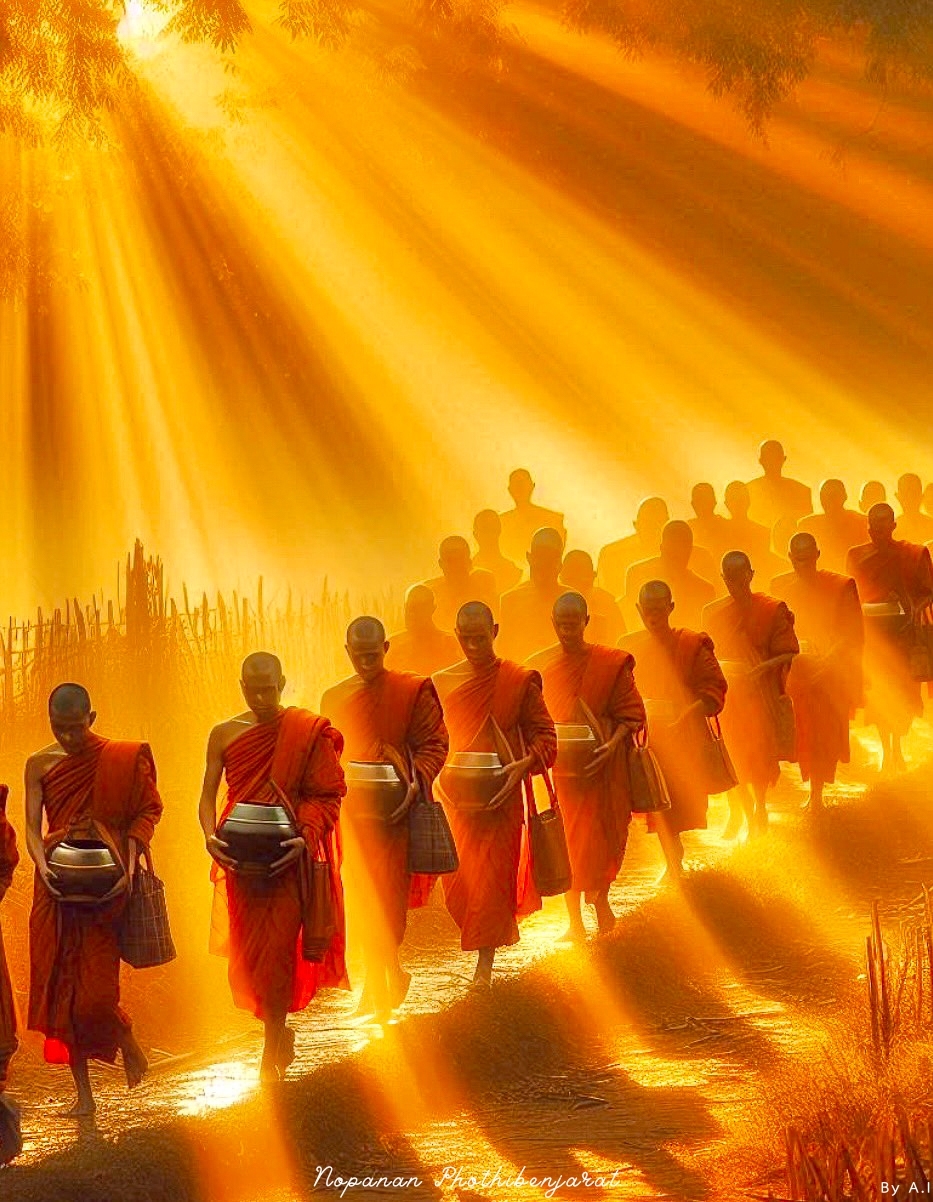 ภาพของพระสงฆ์ที่เดินอยู่ในแสงสว่างของเช้า สื่อถึงความสงบและความศักดิ์สิทธิ์ในพระพุทธศาสนา