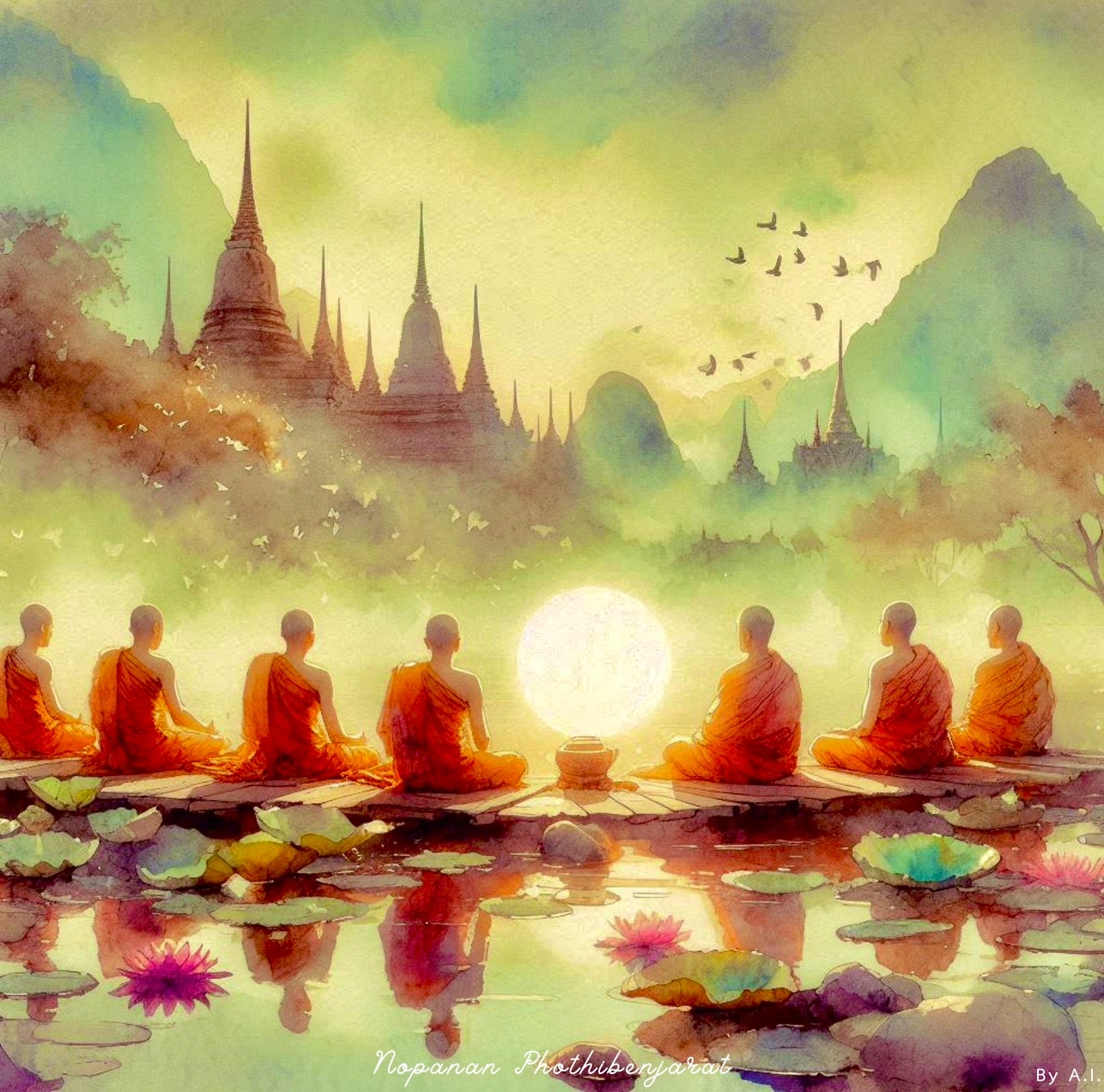 ภาพวาดน้ำสีที่แสดงให้เห็นพระสงฆ์นั่งสมาธิอยู่ท่ามกลางธรรมชาติและทิวทัศน์อันสวยงามของวัด แสดงถึงความสงบ ความศักดิ์สิทธิ์ และจิตวิญญาณแห่งการทำสมาธิในศิลปะไทย