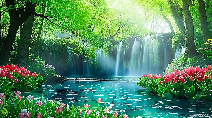 สัมผัสความงดงามของธรรมชาติผ่านภาพน้ำตกและสวนดอกทิวลิปที่อยู่ท่ามกลางป่าเขียวขจี สถานที่อันเงียบสงบที่ช่วยให้รู้สึกผ่อนคลายและเชื่อมต่อกับธรรมชาติ