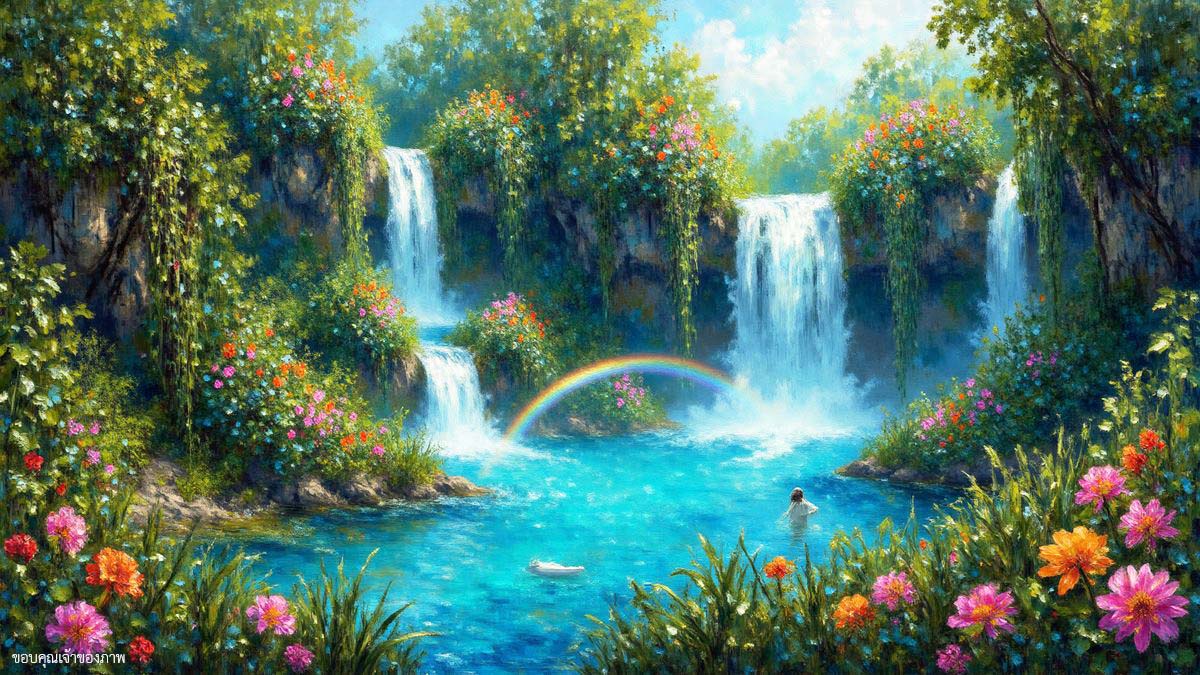 ภาพของน้ำตกที่ไหลลงมาจากหน้าผาท่ามกลางธรรมชาติที่สวยงาม พร้อมด้วยดอกไม้ที่บานสะพรั่งและสายรุ้งที่ส่องประกายสร้างบรรยากาศที่เงียบสงบ