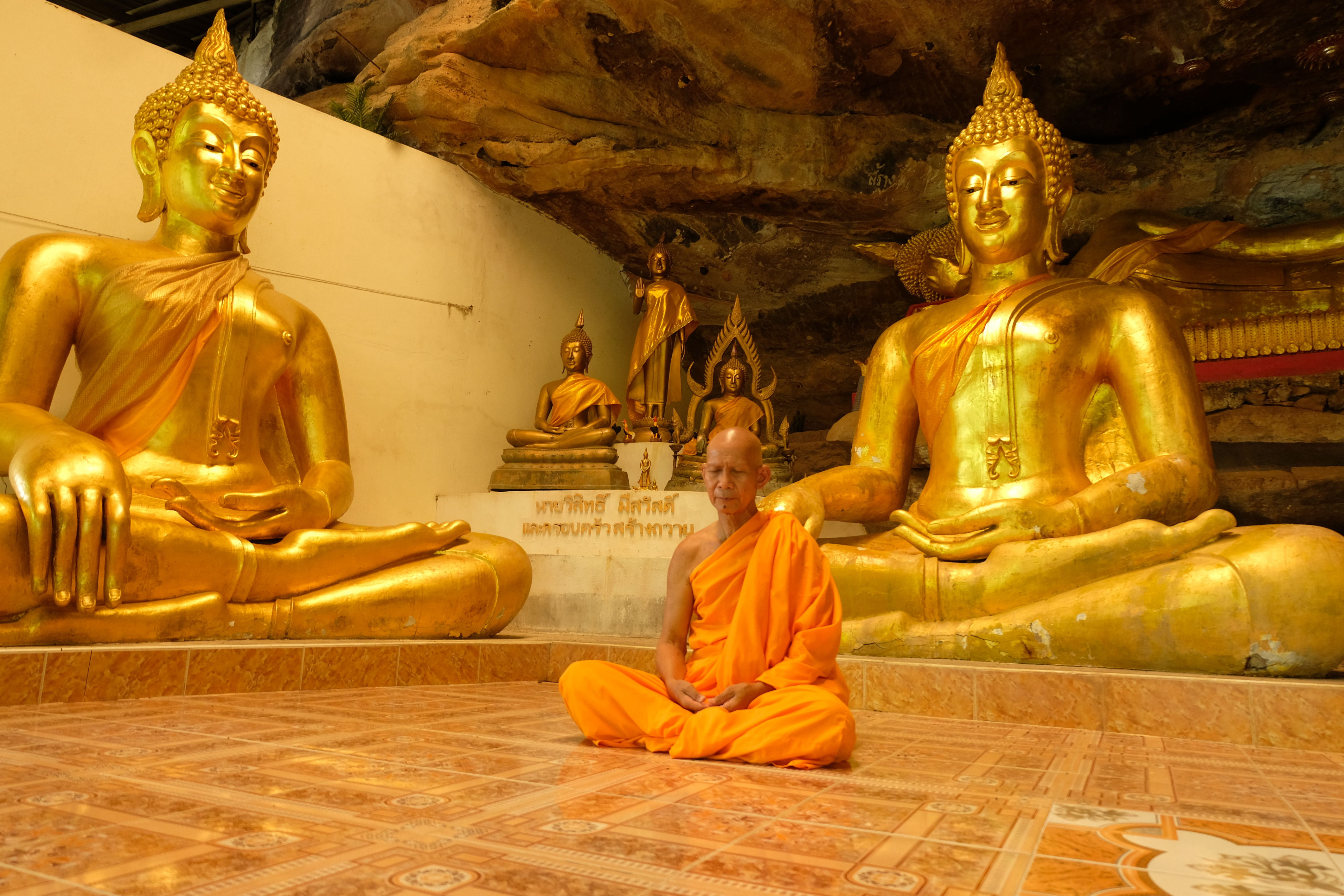 พระสงฆ์นั่งสมาธิในวัดกับพระพุทธรูปทองคำ