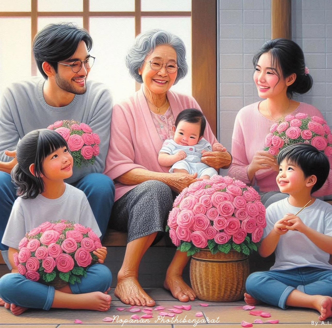 ภาพวาดของครอบครัวที่มีความสุขร่วมกันในบ้าน ท่ามกลางดอกกุหลาบสีชมพู โดยมีสมาชิกทุกวัยรวมกันอย่างอบอุ่น