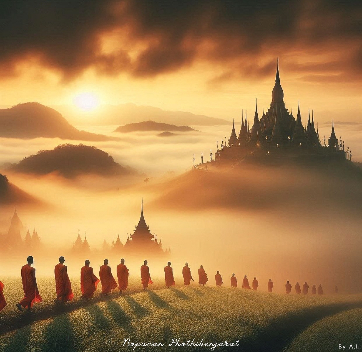 ภาพสวยงามของพระสงฆ์เดินทางในเช้าตรู่ ท่ามกลางภูมิทัศน์ที่งดงามและอาราม แสดงถึงความสงบและศรัทธาในพระพุทธศาสนา