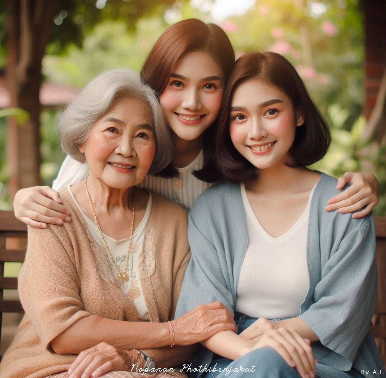 ภาพถ่ายที่เต็มไปด้วยความอบอุ่น แสดงถึงความรักในครอบครัว โดยมีผู้สูงอายุและสาวสาวสองคนที่แสดงถึงความสัมพันธ์อันใกล้ชิดและมีความสุขร่วมกัน