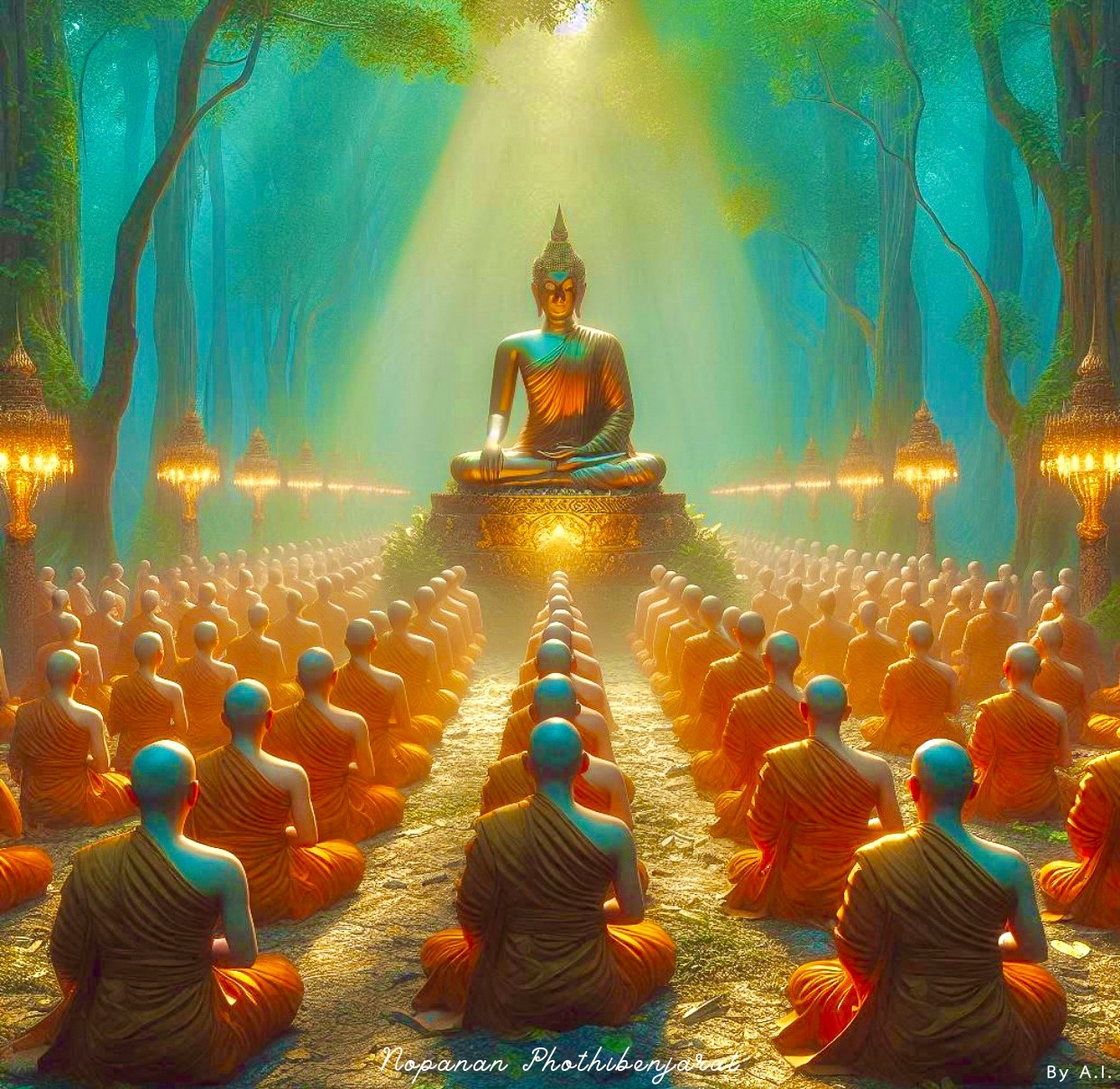 ภาพที่งดงามของพระพุทธรูปตั้งอยู่กลางป่าลึก surrounded by กลุ่มพระสงฆ์ในบรรยากาศที่เต็มไปด้วยแสงสว่างและความสงบ สื่อถึงพุทธศาสนาและความสุขที่เกิดจากการทำสมาธิ