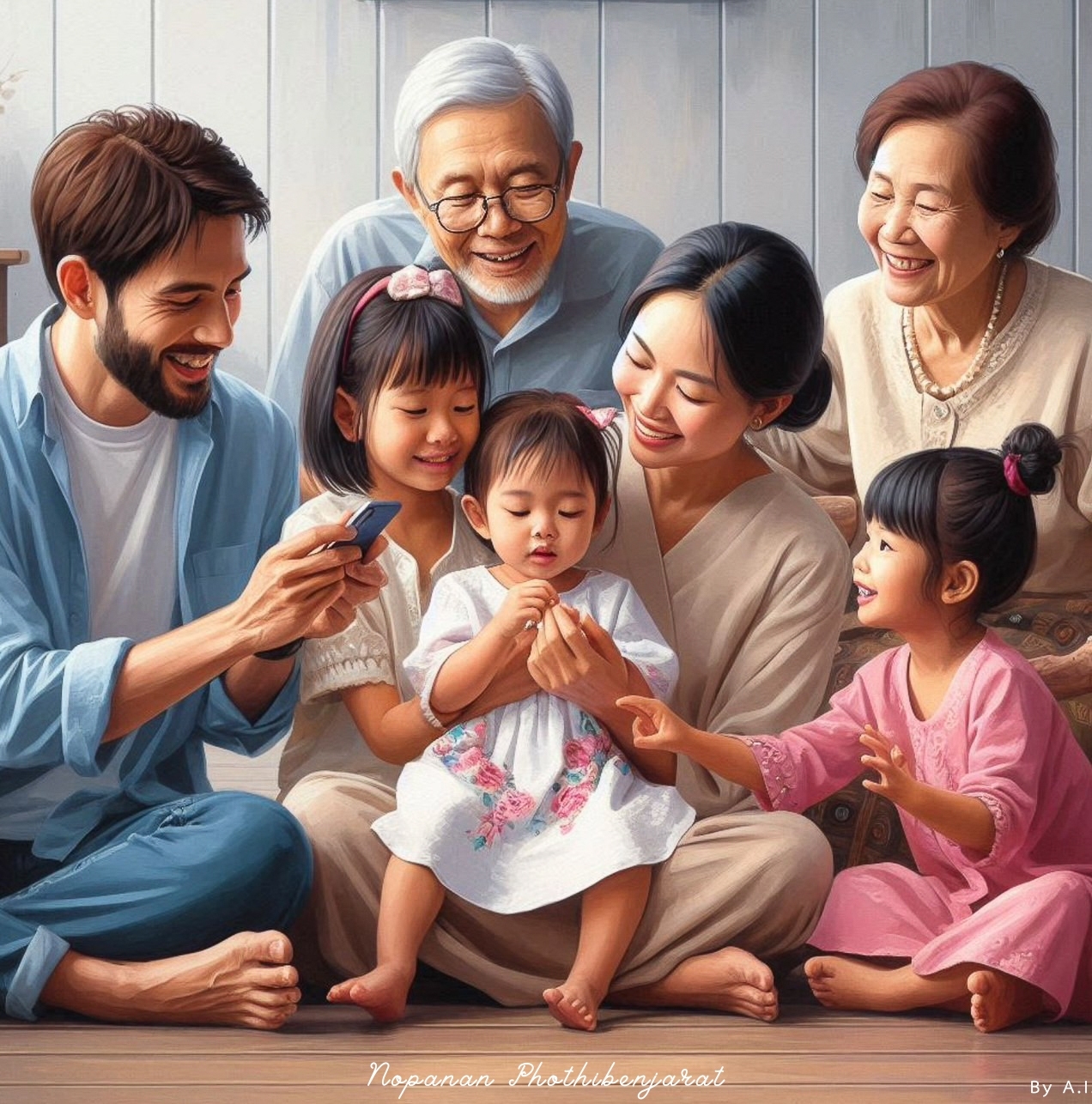 ภาพแห่งความสุขที่แสดงถึงช่วงเวลาที่อบอุ่นในครอบครัว มีเด็กๆ และผู้ใหญ่ร่วมกันสร้างความทรงจำที่มีค่า