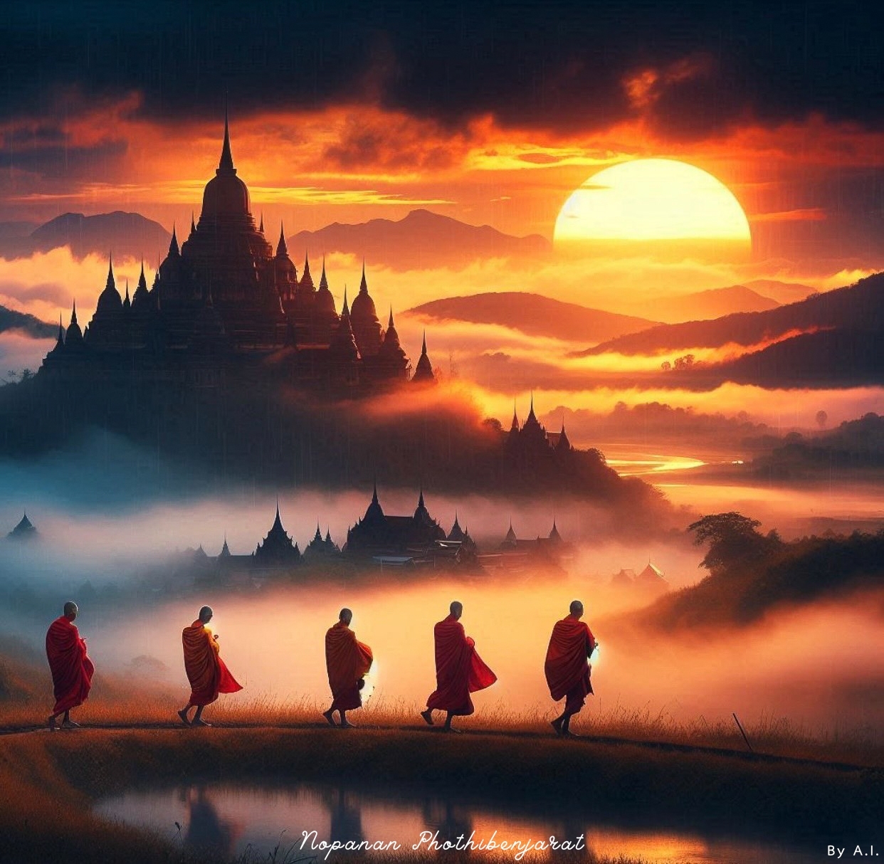 ภาพของพระสงฆ์จำนวนห้าท่านเดินอย่างสงบในยามพระอาทิตย์ขึ้น ท่ามกลางทิวทัศน์ที่งดงามของภูเขาและวัดที่มีสถาปัตยกรรมอันโดดเด่น เสน่ห์ของธรรมชาติและวัฒนธรรมไทยมารวมกันในภาพนี้