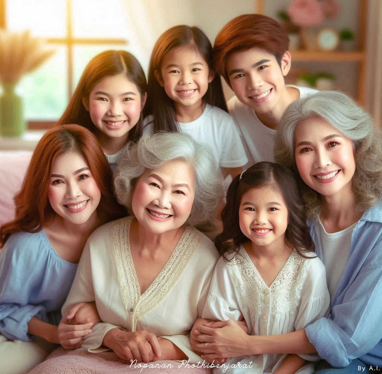 ภาพครอบครัวที่อบอุ่นและมีความสุข แสดงให้เห็นถึงความรักและความสัมพันธ์ระหว่างสมาชิกในครอบครัวที่ต่างวัย ดูแลและสนับสนุนกันในช่วงเวลาของการพักผ่อน