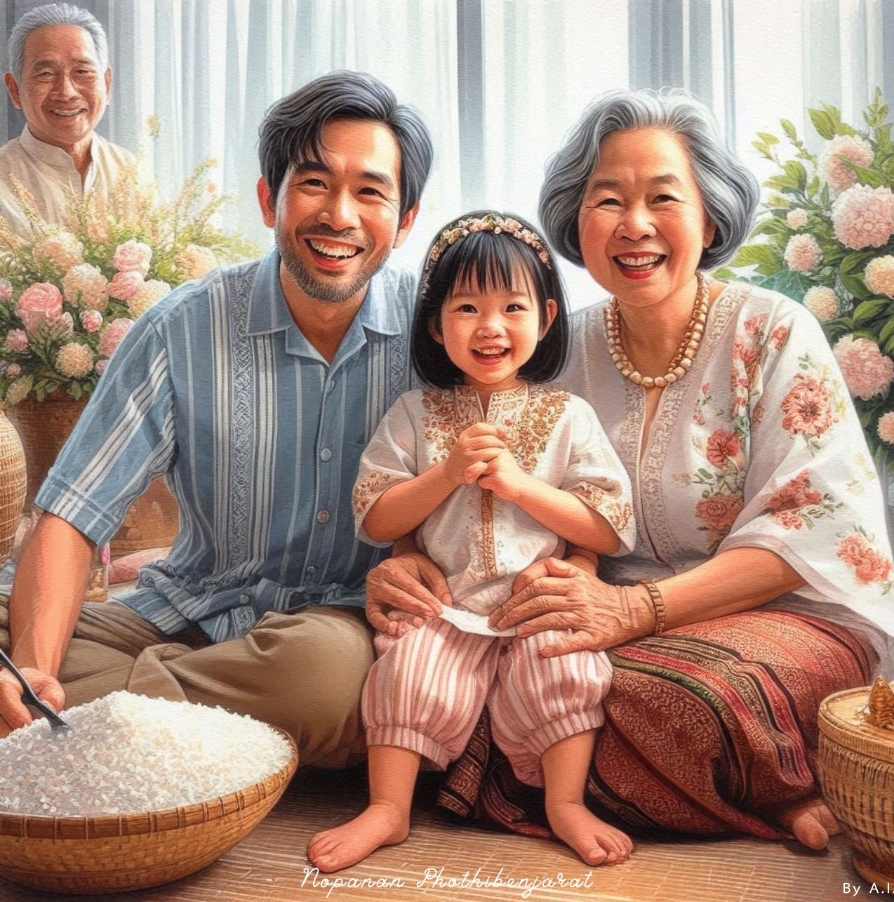 ภาพวาดที่แสดงถึงความสุขและความสัมพันธ์ในครอบครัวไทย มีสมาชิกครอบครัวหลายคนที่ร่วมกันทำกิจกรรมในบรรยากาศอันอบอุ่น